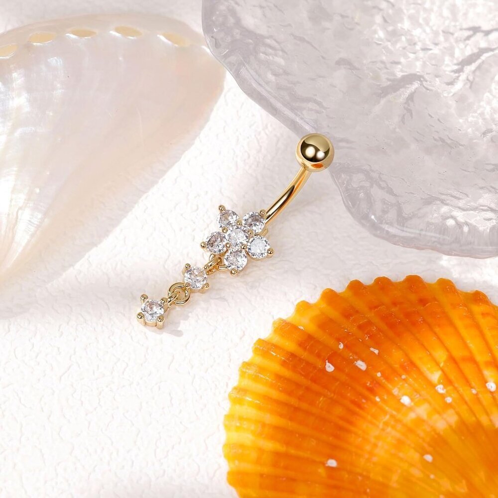 Titanium Dangle Belly Button Ring Flower Cz Women… - image 2